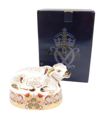 A Royal Crown Derby Harrods Water Buffalo porcelain paperweight, specially commissioned by Harrods, limited edition number 86/350, with gold stopper signed Lorna Adams and with red printed marks to underside, 19cm wide, boxed.