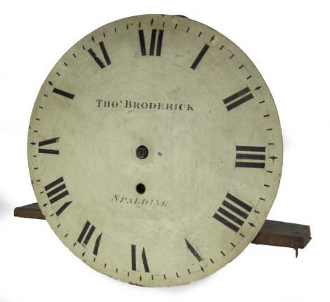 Thomas Broderick, Spalding. A longcase clock movement, the painted metal dial with Roman numerals, with a single winding hole, on structured support, the dial 36cm diameter.