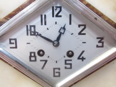 A French Art Deco onyx mantel clock, with diamond shaped silvered clock face and blue hands, flanked by applied metal birds, 29cm high, 50cm wide, 13cm deep. (AF) - 4