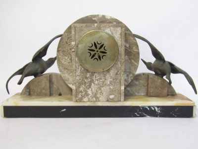 A French Art Deco onyx mantel clock, with diamond shaped silvered clock face and blue hands, flanked by applied metal birds, 29cm high, 50cm wide, 13cm deep. (AF) - 5