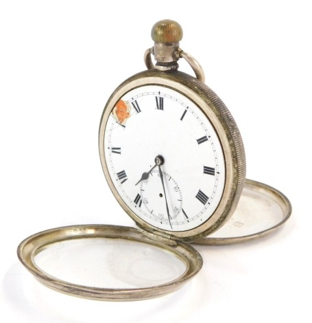 A George V silver pocket watch, with white enamel dial with Roman numerals and second hands, in a silver case, Birmingham 1912, 101.3g all in. (AF)