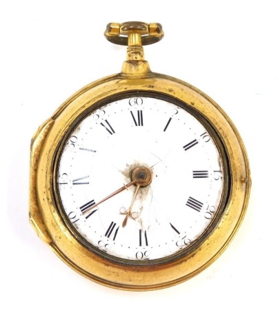 An 18thC gilt metal pair cased pocket watch, by Haley & Sons London, the pocket watch with a white ceramic dial and gold handles, with Roman numerals and seconds counter, in an outer case unmarked, 93.7g all in.