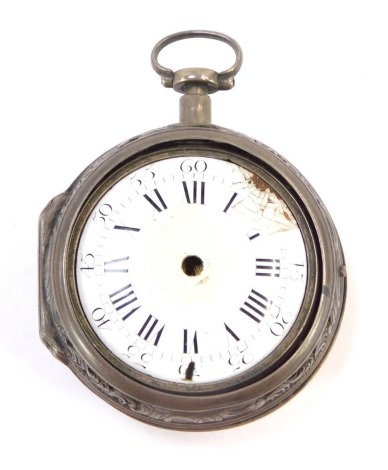 An 18thC silver pair cased pocket watch, the repeater movement signed Cabner, London with a white ceramic dial lacking hands, in a pierced outer casing with heavily embossed case of musicians, the dial 4cm diameter, 92.2g all in. (AF)