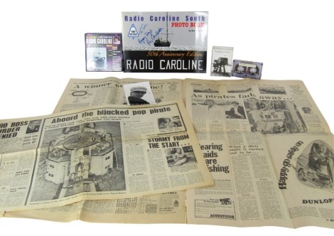 A cassette tape recording of The Radio City Story, by Bob Le-Roi 1995, photograph of Tom Edwards in his Radio City days, newspapers with articled relating to the pirate station Radio Caroline, raid on Radio City or Shivering Sands and the shooting of Reg 