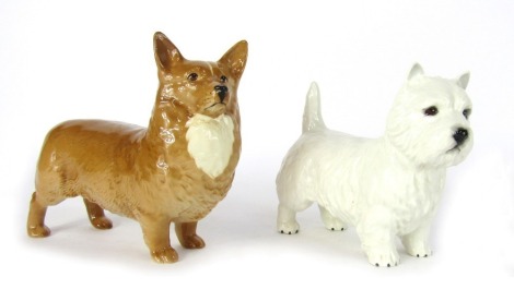 Two Beswick dog ornaments, comprising Corgi and Scottie dog, 13cm and 12cm high.