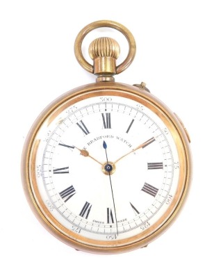 A Bradford Watch Company chronograph pocket watch, the white ceramic dial with outer numbered border and Roman numerals, seconds counter, blue hands, in a yellow metal casing, bezel wind.