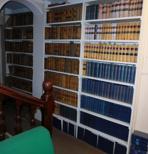 Victorian Law Journals and other leather and cloth uniform bound legal books, to include The All England Law Reports, etc. (entire contents of bookshelves, circa 24m run) Please note this lot is located on site at the former offices of Messrs Stapleton &