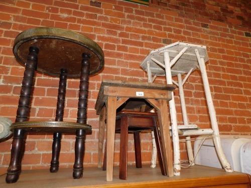 A bamboo side table, pine coffee table, oak stool, and two tier brass and bobbin turned side table. (4)