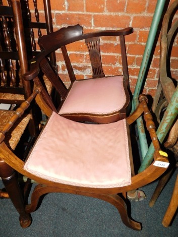 An Edwardian mahogany corner chair, together with an X frame piano stool. (2)