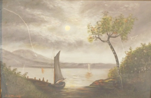 A K Murray (20thC School). Fishing boats in mountainous lake scene, oil on board, 30cm x 46cm, framed.