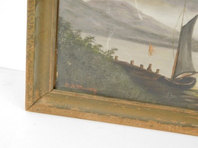 A K Murray (20thC School). Fishing boats in mountainous lake scene, oil on board, 30cm x 46cm, framed. - 2