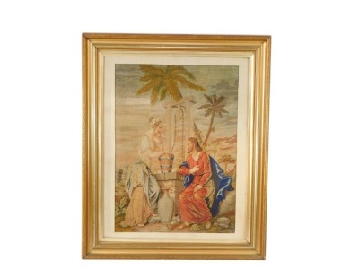 A Victorian woolwork picture, Rebecca and Isaac at the Well, depicting religious scene with male and female, with watering vessel, 74cm x 52cm, framed and glazed.