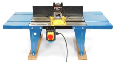 A Work Zone router table, with clamp attachment, lacking router.