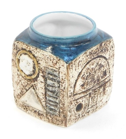 A Troika vase, square set with blue rim and circle panels, marked Troika T.B, 10cm high.