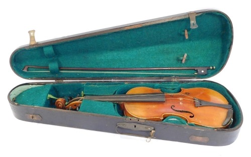 A quarter size violin, with two piece back, bearing label to interior, 51cm long, with box, in fitted carry case.