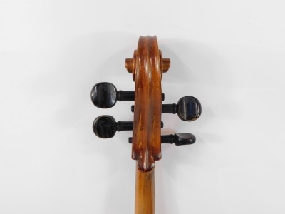 A German cello, possibly Saxony, with ebonised finish board, two bows, each in mother of pearl inlay to the front, a music stand and four cello music scores. - 2