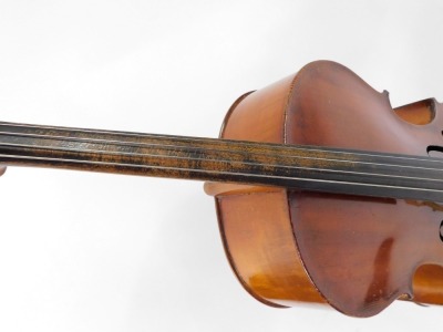 A German cello, possibly Saxony, with ebonised finish board, two bows, each in mother of pearl inlay to the front, a music stand and four cello music scores. - 4