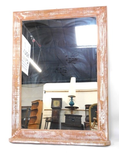 A limed pine framed rectangular hall mirror, with shelf, 204cm high, 103cm wide, 17cm deep.