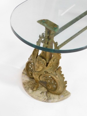 A Empire style coffee table, the oval glass top above two brass figural chenets, on a demi lune marble base, 48cm high, 127cm wide, 47cm deep. - 3