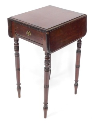 An early 19thC mahogany side table, with two drop leaves with single drawer, on ring turned legs, 70cm high, 60cm when fully extended, 45cm deep, 35cm wide when closed.