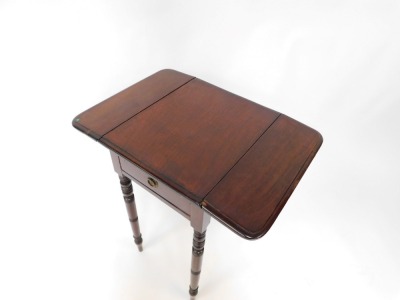 An early 19thC mahogany side table, with two drop leaves with single drawer, on ring turned legs, 70cm high, 60cm when fully extended, 45cm deep, 35cm wide when closed. - 2