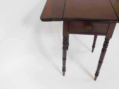 An early 19thC mahogany side table, with two drop leaves with single drawer, on ring turned legs, 70cm high, 60cm when fully extended, 45cm deep, 35cm wide when closed. - 3