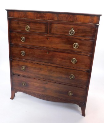 A George III mahogany secretaire chest of drawers, with a secret drawer opening to reveal a fitted interior with a writing slope, above two short over four long graduated drawers, raised on splayed feet, 124cm high, 110cm wide, 55cm deep. Provenance: Bou - 2