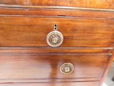 A George III mahogany secretaire chest of drawers, with a secret drawer opening to reveal a fitted interior with a writing slope, above two short over four long graduated drawers, raised on splayed feet, 124cm high, 110cm wide, 55cm deep. Provenance: Bou - 3