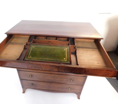 A George III mahogany secretaire chest of drawers, with a secret drawer opening to reveal a fitted interior with a writing slope, above two short over four long graduated drawers, raised on splayed feet, 124cm high, 110cm wide, 55cm deep. Provenance: Bou - 5