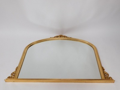 A Victorian style gilt framed oval mantel mirror, the arched top with foliate detailing, 106cm high, 140cm wide, 7cm deep. - 4