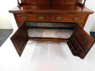 A Victorian Art Nouveau mahogany mirror back sideboard, the mirror backed top with floral panels, and single shelf with turned column supports, above two drawers and two doors, raised on turned feet, 197cm high, 152cm wide, 55cm deep. - 4