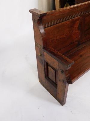 A Victorian pine church pew, the side painted with number 63, with two paneled back, 91cm high, 130cm wide, 52cm deep. - 3