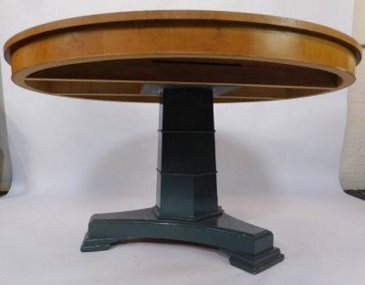 A large circular satin birch kitchen table, the top with a cross banded border, on a painted grey triform base, 80cm high, 137cm diameter. - 2