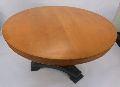 A large circular satin birch kitchen table, the top with a cross banded border, on a painted grey triform base, 80cm high, 137cm diameter. - 3