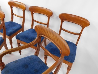 A set of early Victorian mahogany dining chairs, with blue upholstered overstuffed seats, raised on turned legs, comprising a pair of carvers and four single chairs. - 2