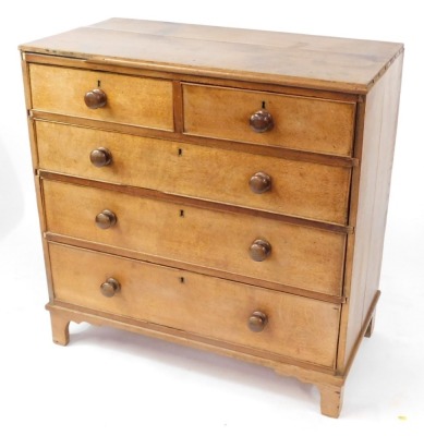 A 19thC light oak chest of two short and three long graduated drawers, with bun handles, raised on bracket feet, 97cm high, 97cm wide, 49cm deep.