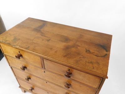 A 19thC light oak chest of two short and three long graduated drawers, with bun handles, raised on bracket feet, 97cm high, 97cm wide, 49cm deep. - 2