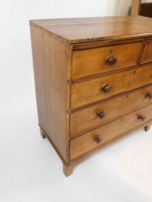 A 19thC light oak chest of two short and three long graduated drawers, with bun handles, raised on bracket feet, 97cm high, 97cm wide, 49cm deep. - 3