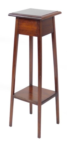 A Victorian mahogany jardiniere stand, with square top, raised on tapering square legs, united by an under tier, 89cm high, the base 27cm x 27cm.