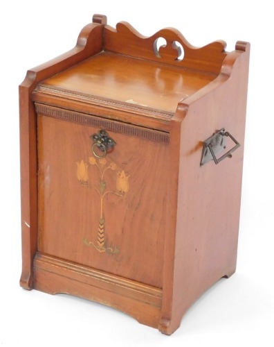 A Victorian Art Nouveau mahogany coal purdonium, the door with marquetry tulip inlay, with a brass handle and side supports, 52cm high, 35cm wide, 31cm deep.