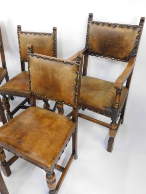 A set of six Victorian Carolean style oak dining chairs, each with a studded leather back and seat, comprising two carvers and four single chairs. - 2