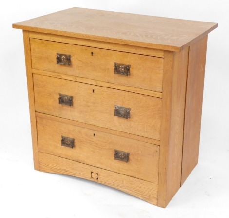 A Victorian light oak chest, of three long graduated drawers, on a pierced and raised plinth base, 78cm high, 84cm wide, 53cm deep.