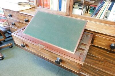 An early 19thC flamed mahogany break front cabinet and secretaire bookcase, with moulded cornice, Gothic arch astragal glazed doors to upper part, the lower having a combination of drawers, including a fitted central secretaire section with six compartmen - 6