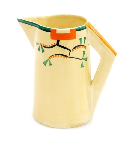 A Clarice Cliff Bizarre Ravel pattern conical jug, with sparrow beak spout and angular handle, hand painted with an abstract design in green, orange and black against a pale yellow ground, printed marks, 13.5cm high.