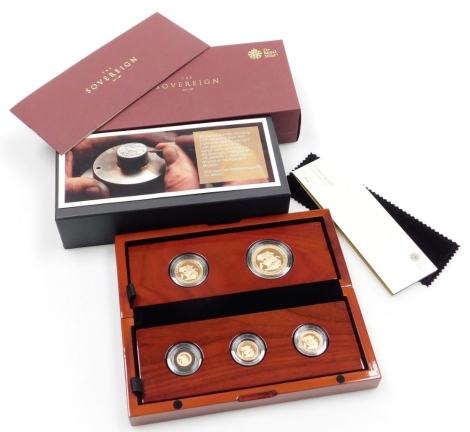 A 2017 sovereign five coin gold proof set, number 454, comprising five sovereign piece, double sovereign, sovereign, half sovereign, and quarter sovereign, in fitted box with certificate, slip case and outer box.