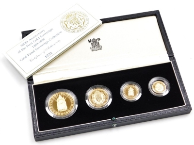 An Elizabeth II 1989 gold proof sovereign collection, to commemorate the 500th anniversary of the first gold sovereign 1489-1989, number 1223, comprising five pound coin, double sovereign, sovereign and half sovereign, in fitted case with certificate.