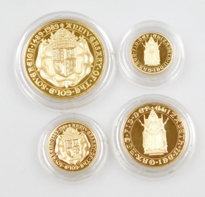 An Elizabeth II 1989 gold proof sovereign collection, to commemorate the 500th anniversary of the first gold sovereign 1489-1989, number 1223, comprising five pound coin, double sovereign, sovereign and half sovereign, in fitted case with certificate. - 3