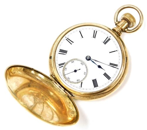 An Elgin National USA Watch Company full hunter pocket watch, with a white enamel dial and seconds dial with blue hands, numbered 6385307, in a yellow metal case marked TAS Boss 14k, guaranteed for twenty years, bezel wind. (AF)