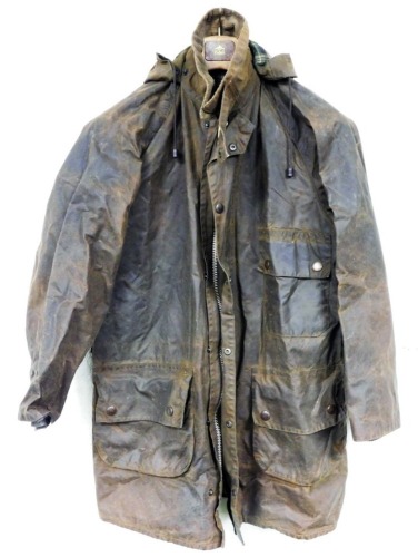 A Barbour Solway zipper brown wax jacket, with hood, size 40''.