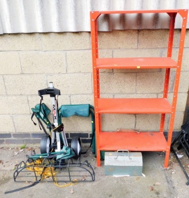 A Max golf trolley, metal four shelf shelving rack, metal toolbox, etc. (a quantity)